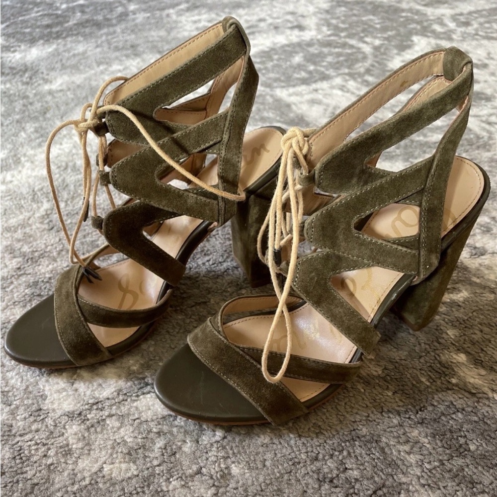 SAM EDELMAN Yardley Green Size 6.5 Lace Up Block Heels
